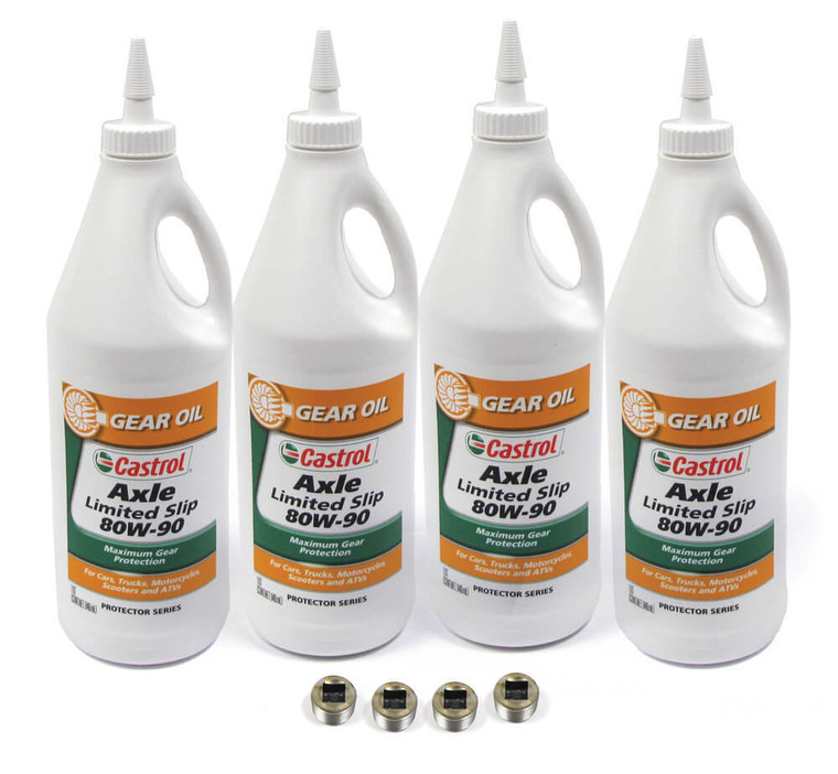 Front And Rear Axle Service Kit For Range Rover P38 With GEMS Engine, Includes 4 Quarts Castrol Axle Gear Oil 80W-90 Limited Slip And 4 Replacement Drain Plugs