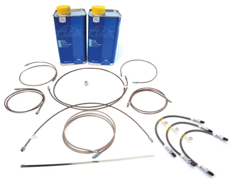 Brake Hose And Pipe Replacement Kit With Fluid, For Land Rover Series 2A (Vehicles With Dual-Line Hydraulic Brake System), Includes Stainless Steel Brake Hoses, Copper And Nickel EziBend Pipes, And ATE Original SL DOT 4 Fluid