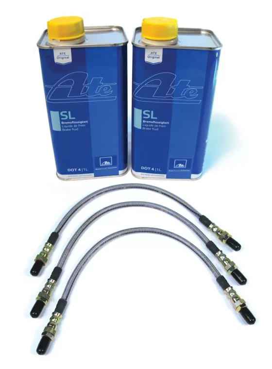 Performance Brake Hose Kit, Stainless Steel Hoses With ATE Original SL DOT 4 Brake Fluid For Defender 110, 1993 Only