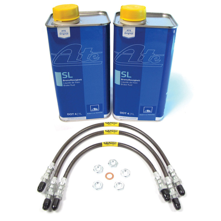 Performance Brake Hose Kit, Stainless Steel Hoses With ATE Original SL DOT 4 Brake Fluid For Defender 90, 1997 Only