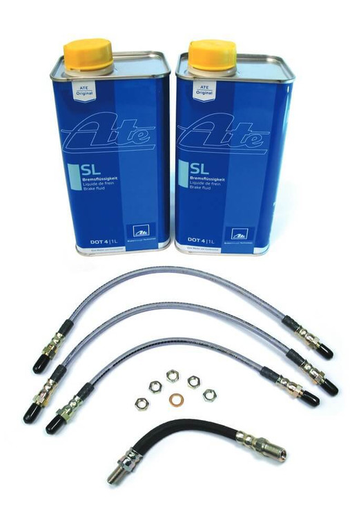 Performance Brake Hose Kit, Stainless Steel Hoses With ATE Original SL DOT 4 Brake Fluid For Defender 90, 1994 - 1995