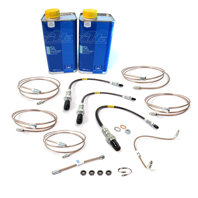 Brake Hose And Pipe Replacement Kit With Fluid, For Land Rover Series 109 (Vehicles With Single-Line Hydraulic Brake System), Includes Stainless Steel Brake Hoses, Copper And Nickel EziBend Pipes, And ATE Original SL DOT 4 Fluid