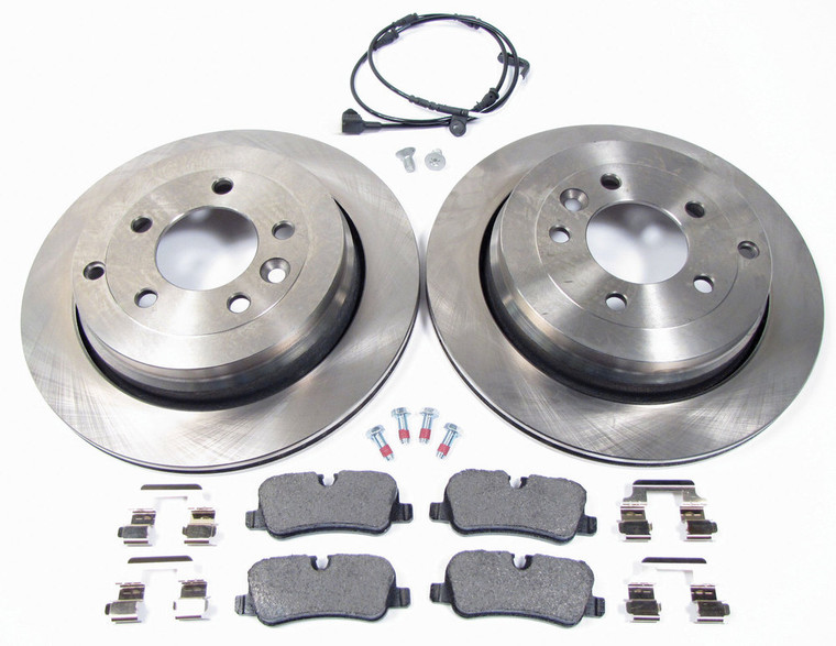 Rear Brake Rebuilding Kit For Land Rover LR3 V6, Includes Textar Brake Pads, Standard Rotors, Brake Wear Sensor And Pins With Clips.