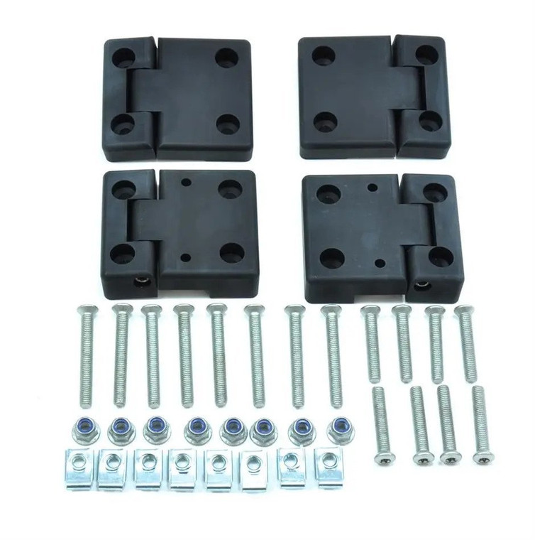 Front Doors Hinge Kit DA1305, 4 Black Anodized Hinges With Stainless Hardware, For Land Rover Defender 90 And 110 Rest-of-World Models, And Series 3 (See Fitment Years)