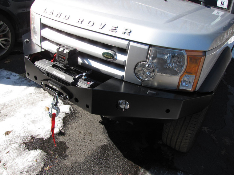 Integrated Steel Front Bumper And Winch Kit For Land Rover LR3, Includes 5MM Steel Bumper, Terrafirma A12000 12,000 Lb Winch, Wipac Fog Lights And Aluminum Washer Bottle