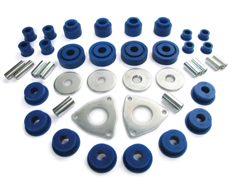 Polyurethane Suspension Bushing Kit By Polybush, Front And Rear Suspension, Blue / Soft, For Land Rover Defender 110, 1993-Only North American Spec