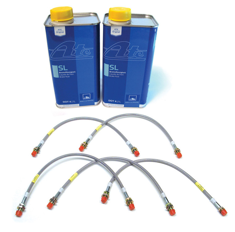 Performance Brake Hose Kit, Stainless Steel Hoses With ATE Original SL DOT 4 Brake Fluid For Range Rover Classic, 1987 - 1989