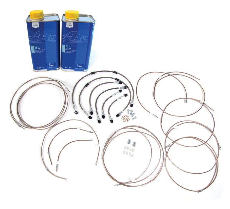 Brake Hose And Pipe Replacement Kit With Fluid, For Range Rover P38, 1995 - 1996, Featuring Stainless Steel Brake Hoses, Copper And Nickel EziBend Pipes And ATE Original SL DOT 4 Fluid