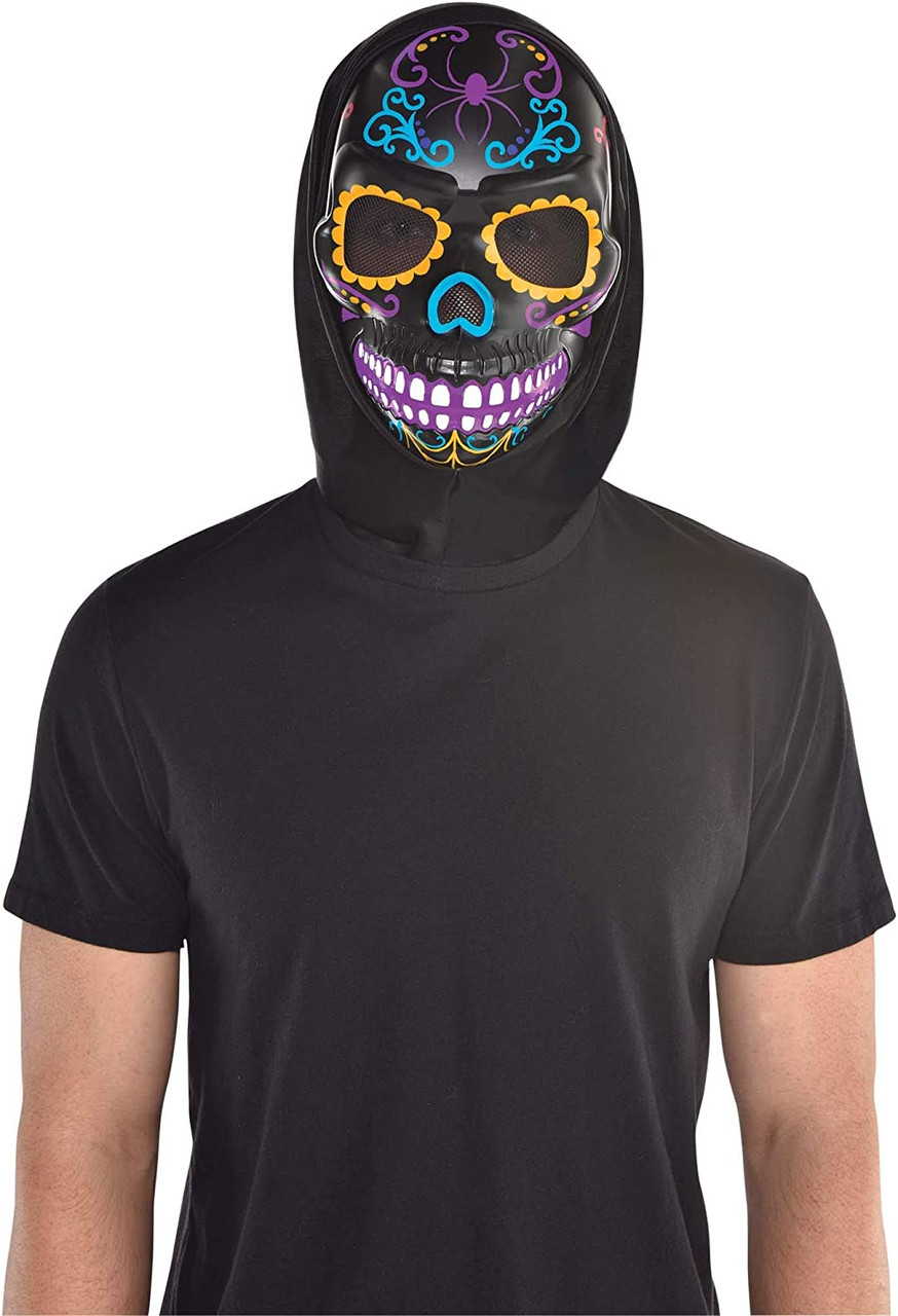 Day Dead Sugar Skull Plastic Mask w/Hood Fancy Dress Halloween Costume  Accessory - Parties Plus