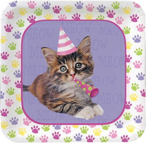 Purr-ty Time! Cat Birthday Party 7" Square Dessert Plates