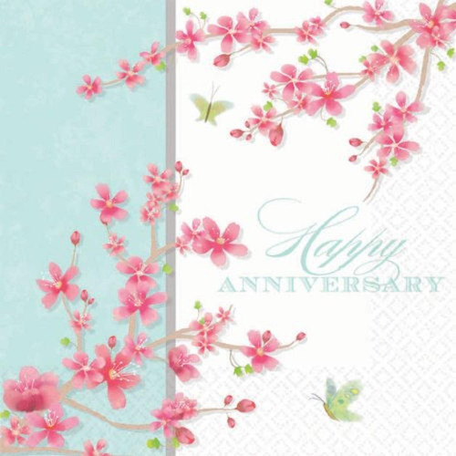 Cherry Blossom Love Wedding Party Beverage Napkins - Happy Anniversary