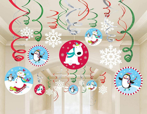 Winter Animals Christmas Holiday Party Hanging Swirl Decorations