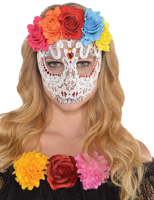 White Lace Skull Mask Day Dead Muertos Fancy Dress Halloween Costume Accessory