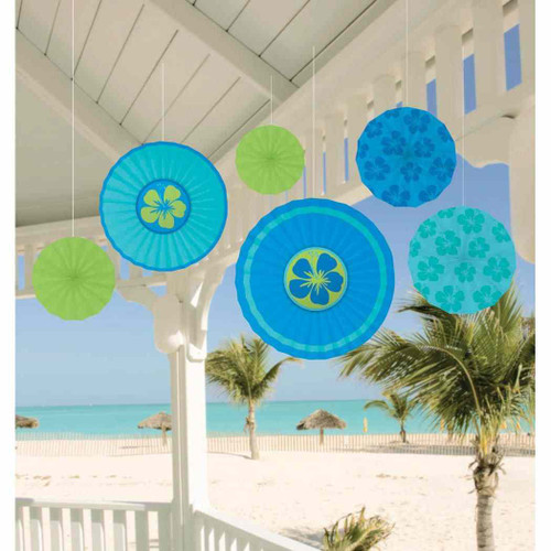 Blue Hibiscus Luau Theme Party Paper Fan Decorations
