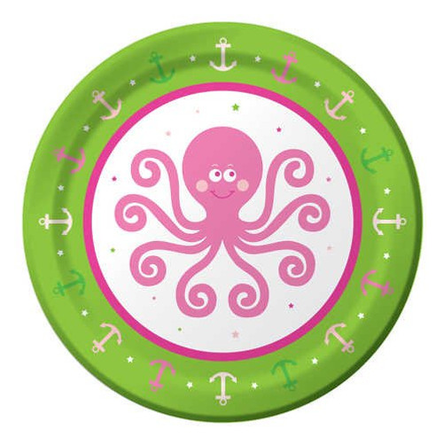 Ocean Preppy Girl Pink Whale Octopus 1st Birthday Party 7" Paper Dessert Plates