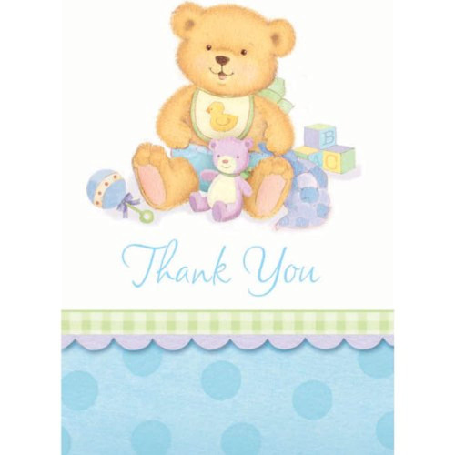 Precious Bear Blue Little Teddy Boy Baby Shower Party Thank You Notes Cards