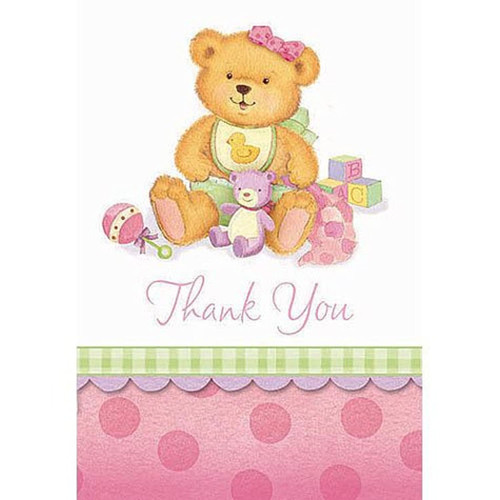 Precious Bear Pink Little Teddy Girl Baby Shower Party Thank You Notes Cards