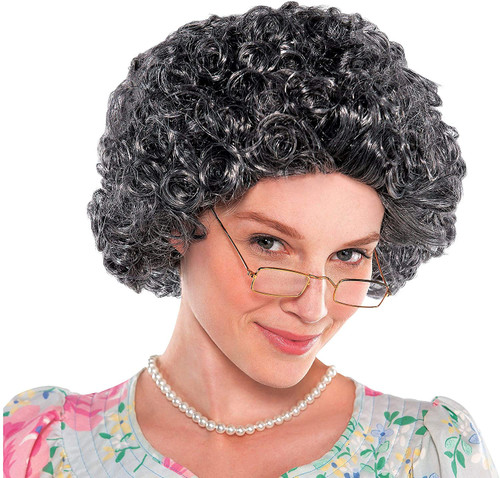 Granny Curly Wig Old Lady Woman Fancy Dress Halloween  Adult Costume Accessory