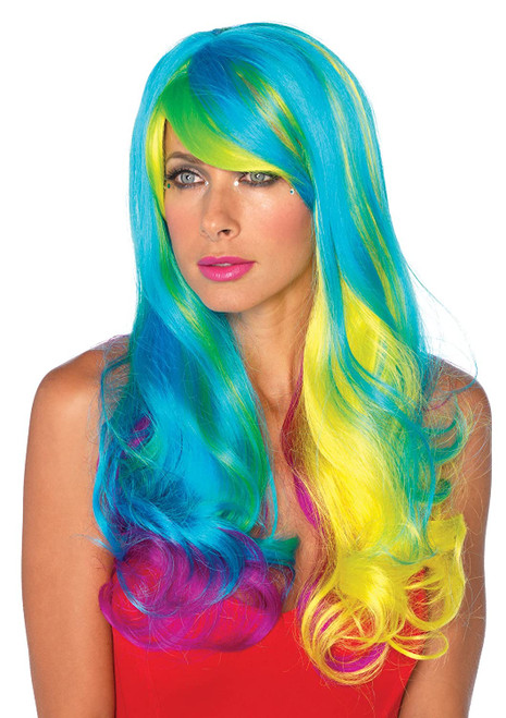 Prism Long Wavy Rainbow Wig Fancy Dress Up Halloween Adult Costume Accessory