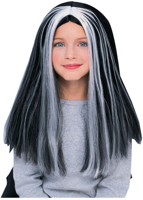 Streaked Witch Wig Black White Fancy Dress Up Halloween Child Costume Accessory