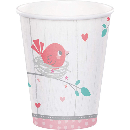 Hello Baby Girl Birds Flower Heart Pink Cute Baby Shower Party 9 oz. Paper Cups