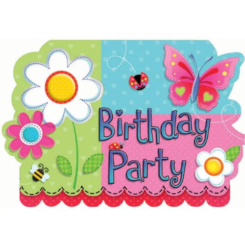 Garden Girl Butterfly Flower Ladybug Kids Birthday Party Invitations w/Envelopes