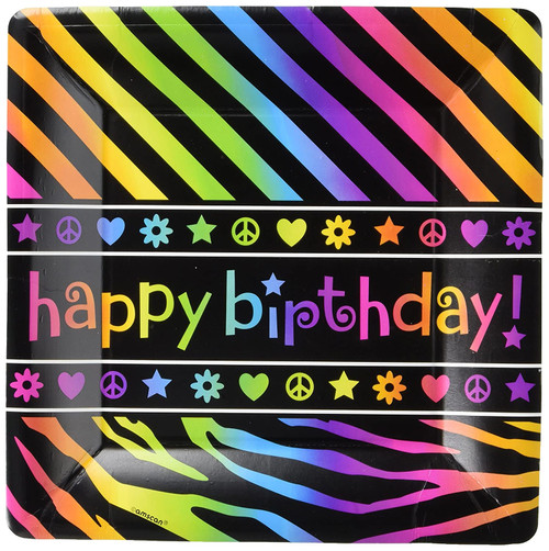 Neon Birthday Zebra Print Butterfly Peace Guitar Party 10.25" Banquet Plates
