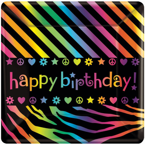 Neon Birthday Zebra Print Butterfly Peace Guitar Party 7" Square Dessert Plates