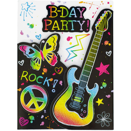 Neon Birthday Zebra Print Butterfly Peace Guitar Party Invitations w/Envelopes