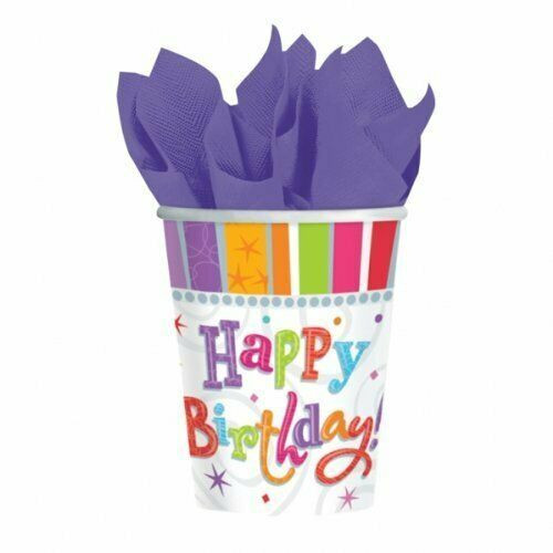 Radiant Birthday Modern Stripe Bright Adult Kids Party 9 oz. Paper Cups
