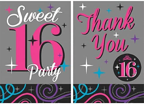 Sweet 16 Celebration Pink Black 16th Birthday Party Invitations Thank You Notes