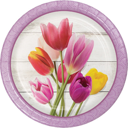 Beautfiul Blossoms Pink Tulip Flower Floral Garden Party 9" Paper Dinner Plates