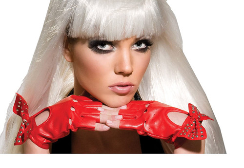 Red Studded Gloves Lady Gaga Pop Star Fancy Dress Up Halloween Costume Accessory
