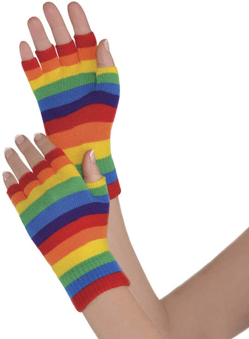 Rainbow Fingerless Gloves Pride Fancy Dress Up Halloween Adult Costume Accessory