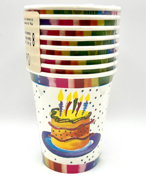 Party Time Birthday Cake Fiesta Stripe Art Birthday Party 9 oz. Paper Cups