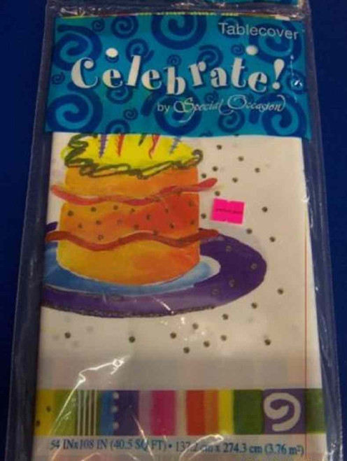 Party Time Birthday Cake Fiesta Stripe Art Birthday Party Plastic Tablecover