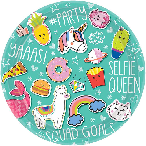 Selfie Celebration Rainbow Unicorn Hashtag Birthday Party 9" Dinner Plates