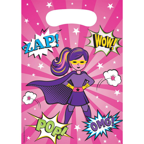 Girl Superhero Comic Book Hero Pink Kids Birthday Party Favor Bags Treat Sacks