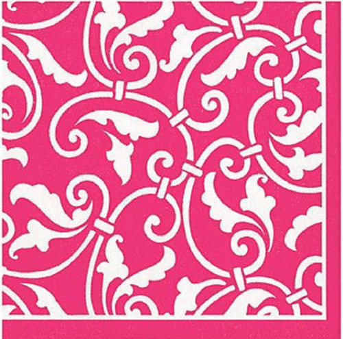 Bright Pink Ornamental Scroll Party Beverage Napkins