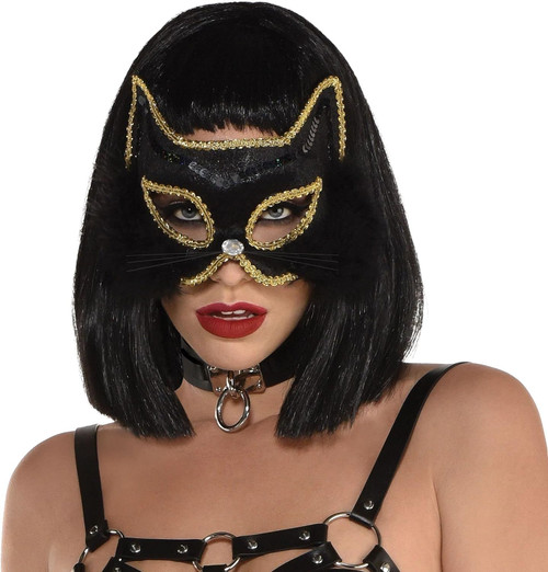 Cat Eye Mask Black w/Gold & Black Feather Trim Suit Yourself Adult Costume Accessory