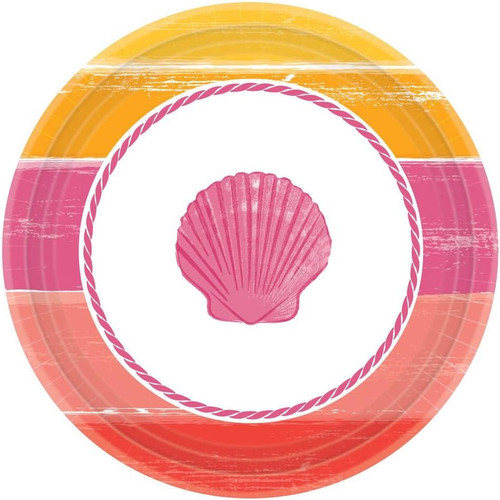 Summer Shells Pink & Orange Tropical Luau Theme Party 7" Paper Dessert Plates