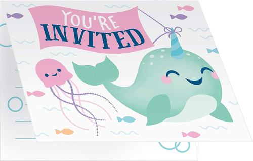 Narwhal Party Whale Sea Animal Summer Luau Theme Party Invitations w/Envelopes