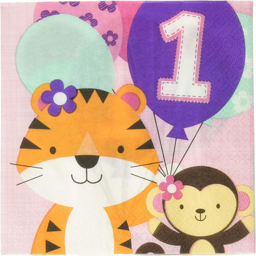One is Fun Girl Jungle Animals Cute 1st Birthday Party Paper Luncheon Napkins
