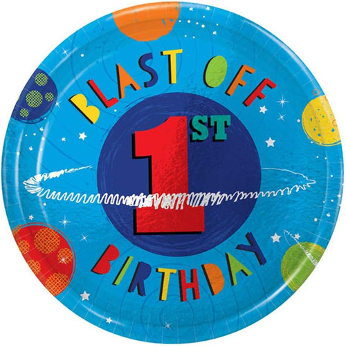 Blast Off Space Rocket Solar System Planets 1st Birthday Party 7" Dessert Plates