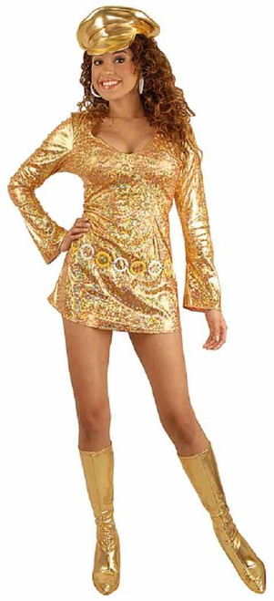 60's Go Go Disco Cracked Ice Hologram Gold Fancy Dress Halloween Adult Costume