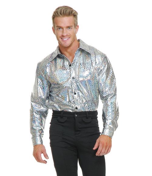 Silver Glitter Disco Shirt Retro Pimp Fancy Dress Up Halloween Costume Accessory