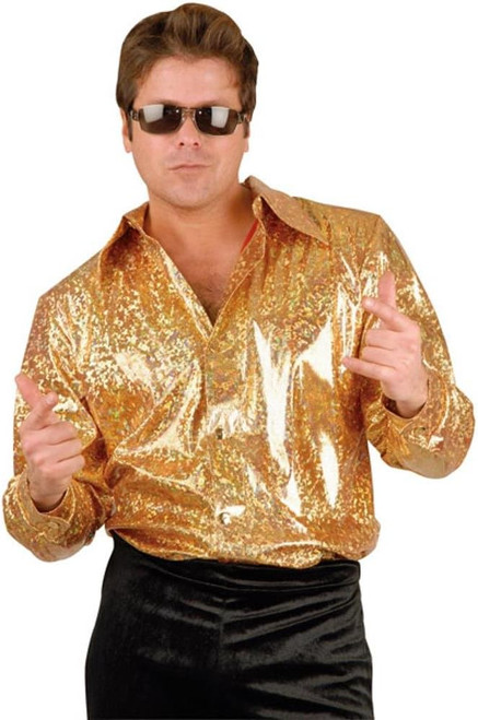 Gold Glitter Hologram Disco Shirt Pimp Fancy Dress Up Halloween Adult Costume