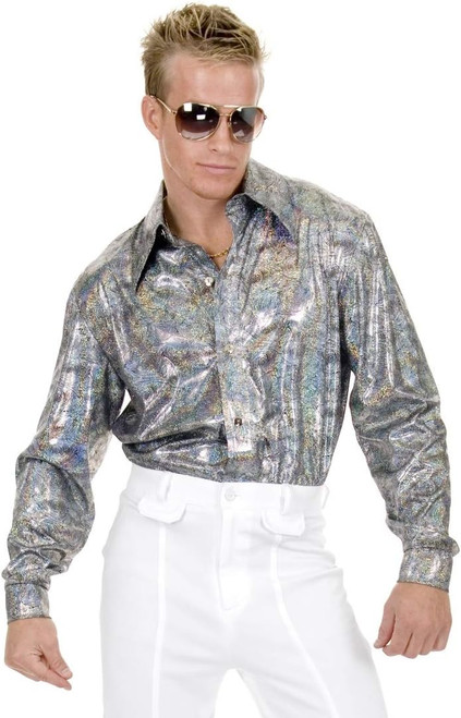 Fingerprint Disco Shirt Silver Black Pimp Fancy Dress Halloween Adult Costume