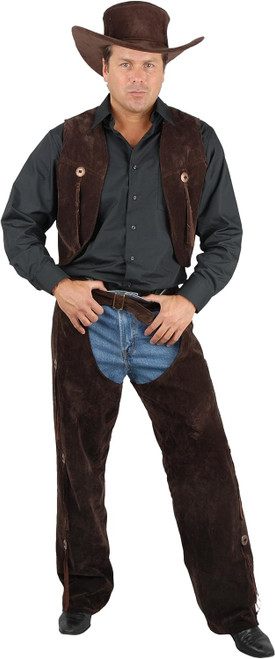 Cowboy Western Chaps & Vest Brown Suede Fancy Dress Up Halloween Adult Costume