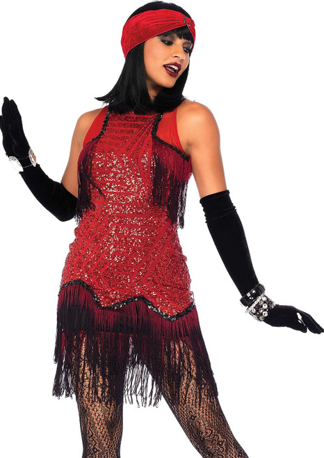Gatsby Girl Flapper Roaring 20's Red Black Fancy Dress Halloween Adult Costume